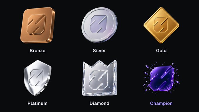 An image displaying six tiers of digital badges or achievements labeled Bronze, Silver, Gold, Platinum, Diamond, and Champion, each featuring a stylized 'Z' logo on a black background.