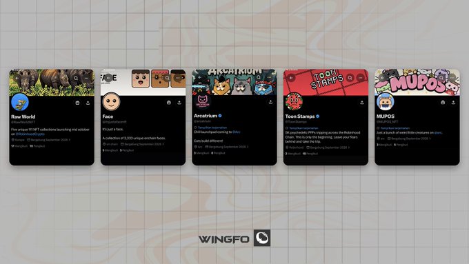 A website screenshot for 'WINGFO' displaying five NFT collection cards: Raw World, Face, Arcatrium, Toon Stamps, and MUPOS.
