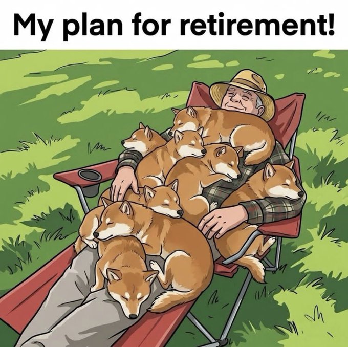 The image features a man lying down on a red lawn chair, surrounded by several brown dogs of various sizes. The dogs are arranged around him, with some sitting or laying next to his legs while others are positioned behind him. A caption below the image reads "My plan for retirement! My dog family follows @LeoTheBTCdog".