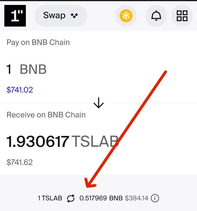 A cryptocurrency swap interface showing an exchange of '1 BNB' ($741.02) for '1.930617 TSLAB' ($741.62), with a red arrow pointing to the rate '1 TSLAB ↔ 0.517969 BNB $384.14'.