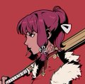 A vibrant illustration of an Azuki NFT character with purple hair wielding a sword against a bold red background, crediting artist @Asthenia_rainha for the artwork.
