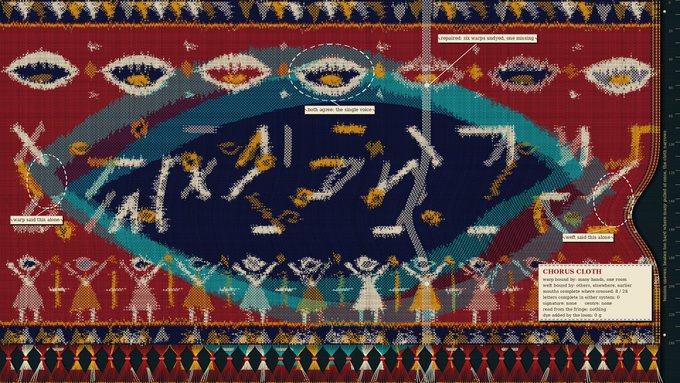 A red patterned 'CHORUS CLOTH' rug or tapestry featuring a central dark eye-like shape with a fish design and various decorative figures, banners, and text labels.