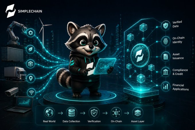 A marketing graphic for Simplechain featuring an animated raccoon character holding a tablet, surrounded by icons representing various blockchain features like Verified Data, On-Chain Identity, Asset Issuance, Compliance & Credit, and Financial Applications.