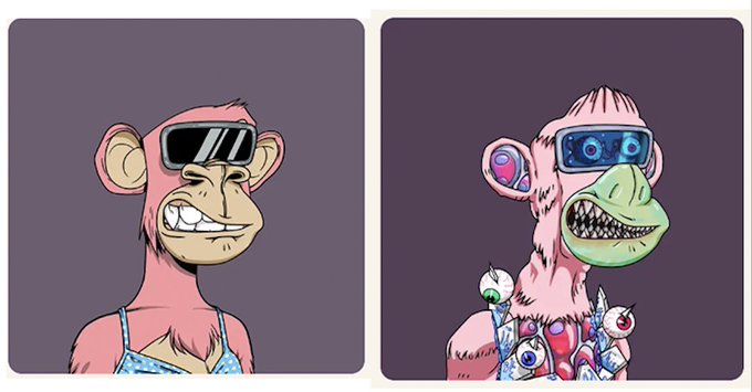 Two side-by-side illustrations of a pink monkey character; the left shows the original art, while the right depicts a mutated, monstrous version with extra eyes and a sharper grin.