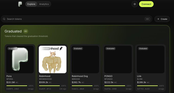 The image shows a "Graduated" tokens section on what appears to be a crypto launchpad platform, featuring tokens like $PONS ($10.1M), Robinhood ($509.2k MC), Robinhood Dog ($262.7k MC), PONGO ($222.5k MC), and Link ($199.3k MC)—notably, four out of five are Robinhood-themed tokens. This relates to the post "robinhood launchpads are cursed huh" by highlighting how suspiciously saturated the launchpad is with Robinhood-related memecoins.