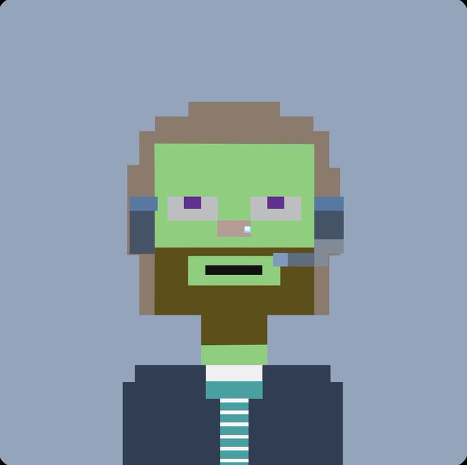 A pixel art character portrait features a figure with light green skin, brown hair, a beard, and purple eyes wearing a suit and tie against a plain blue background.