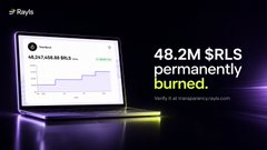 The image shows Rayls Labs' branding with a laptop displaying a transparency portal dashboard showing the burning of 48.2M $RLS tokens, with text reading "48.2M $RLS permanently burned" and a verification note to check transparency.rayls.com, reinforcing the post's theme of Rayls Labs providing onchain proof of their token burn rather than just an announcement.