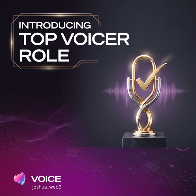 A promotional graphic announcing 'INTRODUCING TOP VOICER ROLE' for the VOICE platform by joshua_web3, featuring a golden microphone trophy.