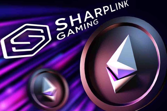 The image features the "Sharplink Gaming" logo alongside a 3D-rendered Ethereum (ETH) coin, visually highlighting the company's significant accumulation of 886,725 ETH as a treasury asset, which ties directly to the post's claim that public companies like SharpLink are increasingly treating Ethereum as a serious corporate reserve.