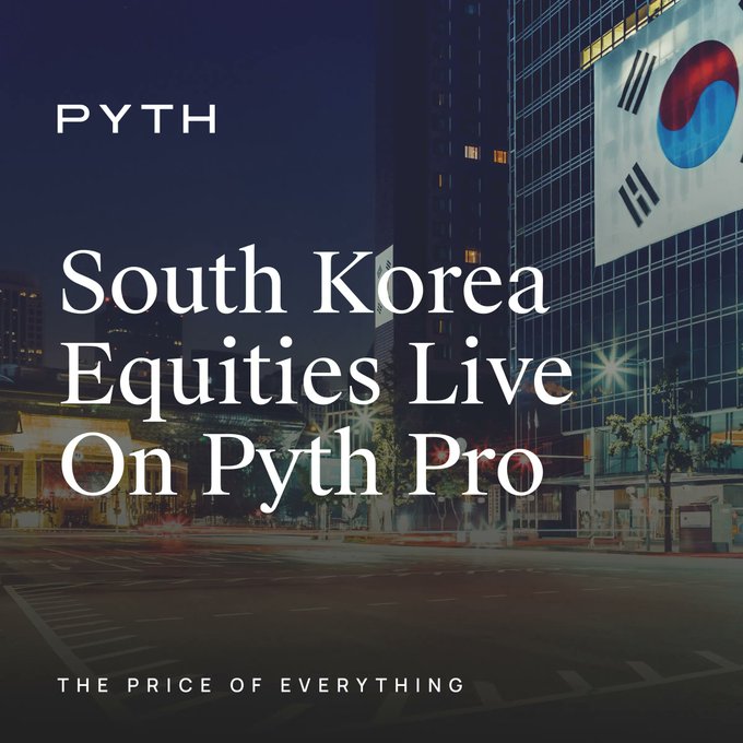 Promotional graphic for Pyth featuring the headline "South Korea Equities Live On Pyth Pro" alongside the South Korean flag displayed on a building at night, with "THE PRICE OF EVERYTHING" tagline at the bottom, announcing the integration of major Korean stocks like SK Hynix, Samsung, NAVER, and Kakao.