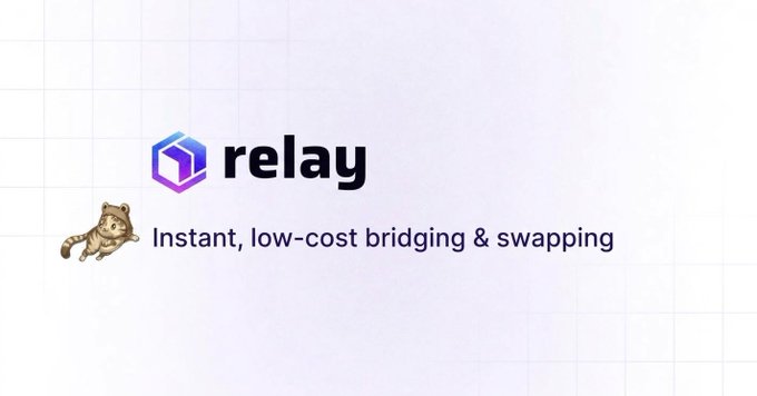 A promotional graphic for "relay," describing it as "Instant, low-cost bridging & swapping," accompanied by a cartoon raccoon illustration.