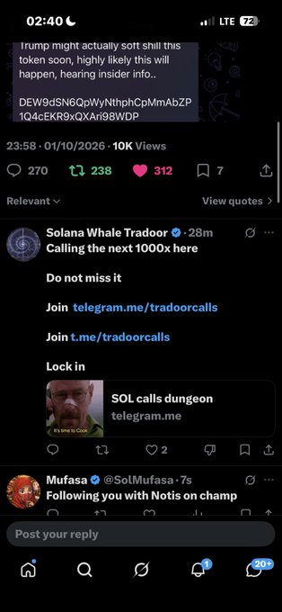 A screenshot of X/Twitter showing a post about Trump with a crypto contract address 'DEW9dSN6QpWyNthphCpMmAbZP1Q4cEKR9xQXArI98WDP', followed by a 'Solana Whale Tradoor' reply promoting telegram calls.