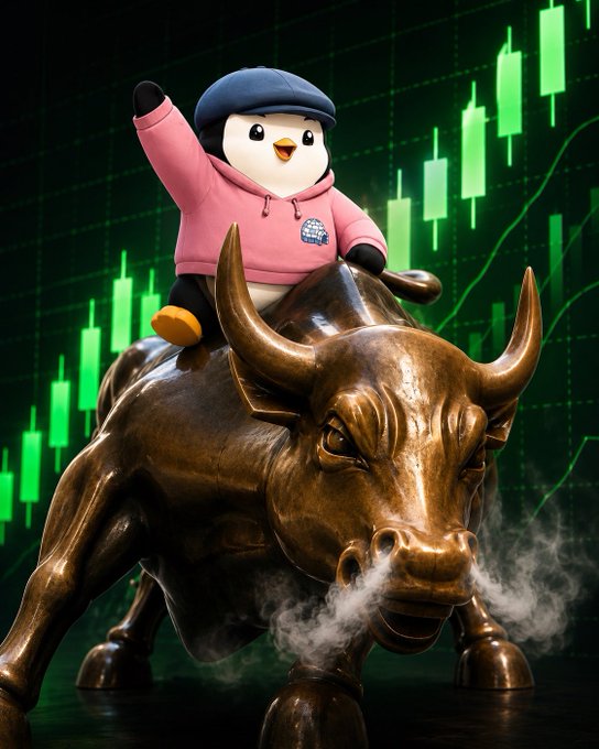 Cartoon penguin wearing a blue cap and pink hoodie riding a bronze bull statue, set against a green background of rising stock candlesticks.