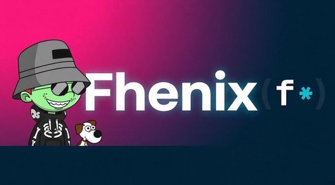 A logo featuring a green cartoon character with sunglasses and a small dog next to the text 'Fhenix (f*)' on a pink and dark blue gradient background.