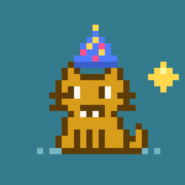 A pixel art illustration of an orange cat wearing a blue and yellow party hat, sitting against a teal background with a yellow star to the right.