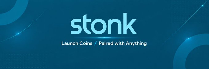 A blue banner with circular design elements displaying the text 'stonk' in large light-blue letters and 'Launch Coins / Paired with Anything' below.