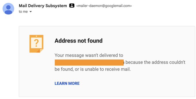 An email from Mail Delivery Subsystem (mailer-daemon@googlemail.com) showing an "Address not found" bounce notification, where the recipient's email address is redacted in orange. This illustrates the bounce-back error the user received when sending their 3:30 AM monthly investor update to ~200 VCs and partners, supporting their observation that multiple venture fund contacts have left their firms, likely due to layoffs.