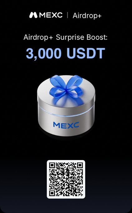 A promotional advertisement for MEXC | Airdrop+ offering a 'Surprise Boost: 3,000 USDT' gift box with a QR code for scanning.