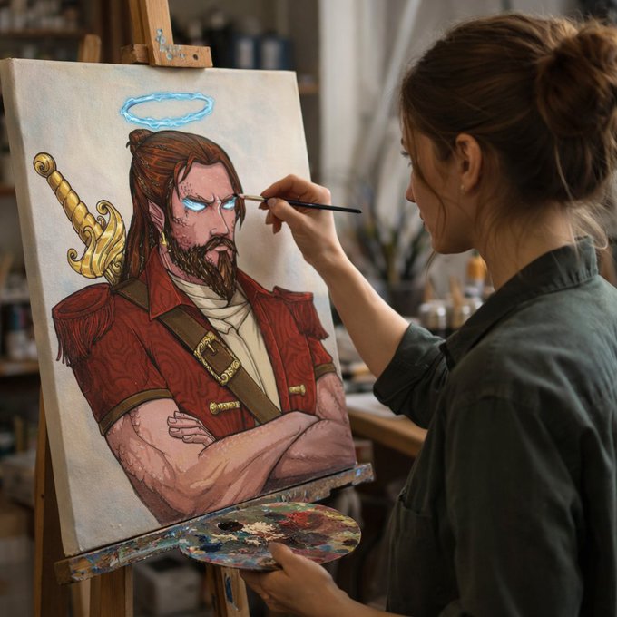 A digital illustration depicting an artist painting a fantasy character portrait of a bearded man with pointed ears in red attire and a blue halo.