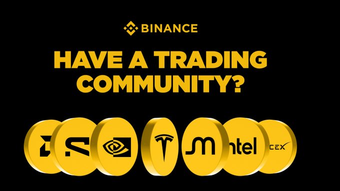 A Binance promotional graphic displays "BINANCE - HAVE A TRADING COMMUNITY?" in yellow text on a black background, above a row of golden coins featuring logos including Sui (S), Polygon (MATIC), Mantle, CEX, and others, illustrating the affiliate campaign to recruit trading community owners with 30+ members.