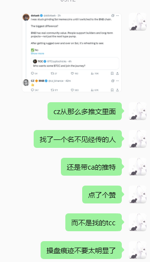 A screenshot of an X (Twitter) post by @tcc mentions BNB community-driven memecoin projects, with replies from users like @TCCoinly and @Vladcze, followed by Chinese-language chat messages discussing taking a position in TCC ("cz从那么多推文里面找了一个名不见经传的人还是带ca的推特点了个赞而不是找tcc操盘痕迹不要太明显了").