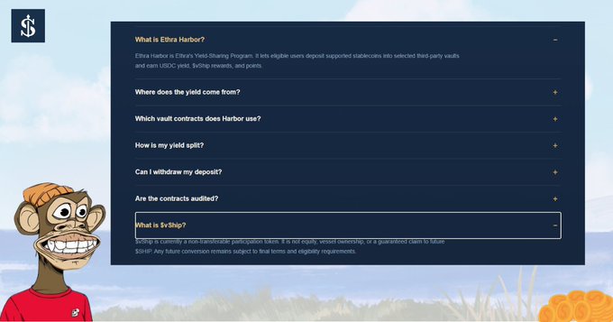 A FAQ section about Elzra Harbor explaining its Ethena Yield-Sharing Program with questions about yield sources, vault contracts, splits, and SvShrip, accompanied by a cartoon monkey character on the left.