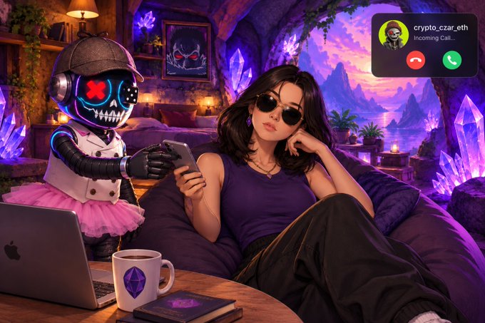 An illustrated scene of a woman in sunglasses lounging on a purple couch next to a robot character with a pink tutu, with a laptop and coffee mug nearby, and a phone call overlay from 'crypto_czar_eth'.