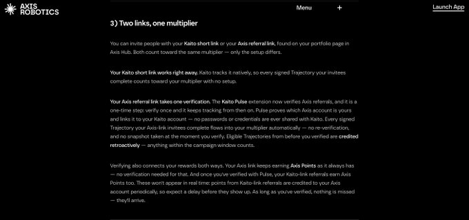 A screenshot from the Axis Robotics website explaining the 'Two links, one multiplier' referral system, detailing how Kato short links and Axis referral links work together with features like the Kaito Pulse extension for one-tap verification.