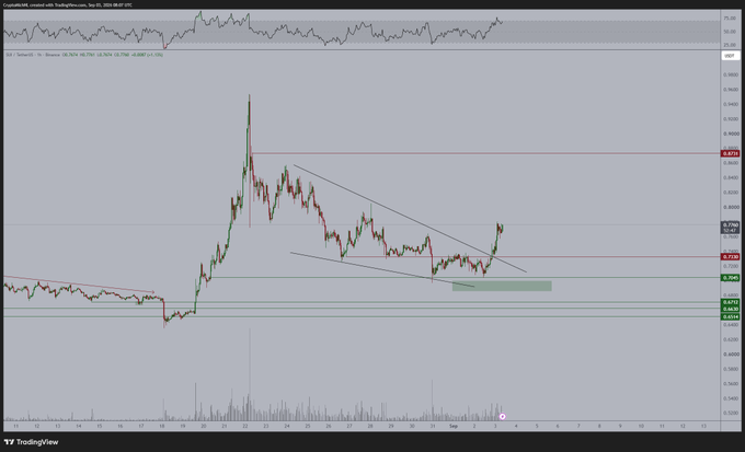 A TradingView chart of the XRP/USDT pair on a 1-hour timeframe from Bybit, showing a falling wedge pattern with horizontal resistance and support levels marked around $0.8 and $0.6.
