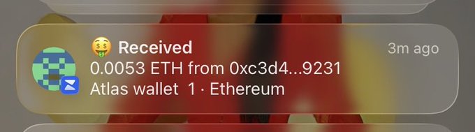 A notification showing "Received 0.0053 ETH from 0xc3d4...9231" via Atlas wallet 1 on Ethereum, 3 minutes ago. The image confirms the receipt of the ETH gas fee reimbursement mentioned in the post, demonstrating that the transfer was successfully completed.