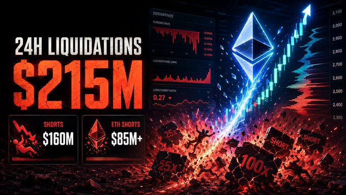 A dramatic cryptocurrency graphic displaying '24H LIQUIDATIONS $215M' alongside charts showing 'SHORTS $160M' and 'ETH SHORTS $85M+', featuring a large Ethereum logo and fiery visual effects.