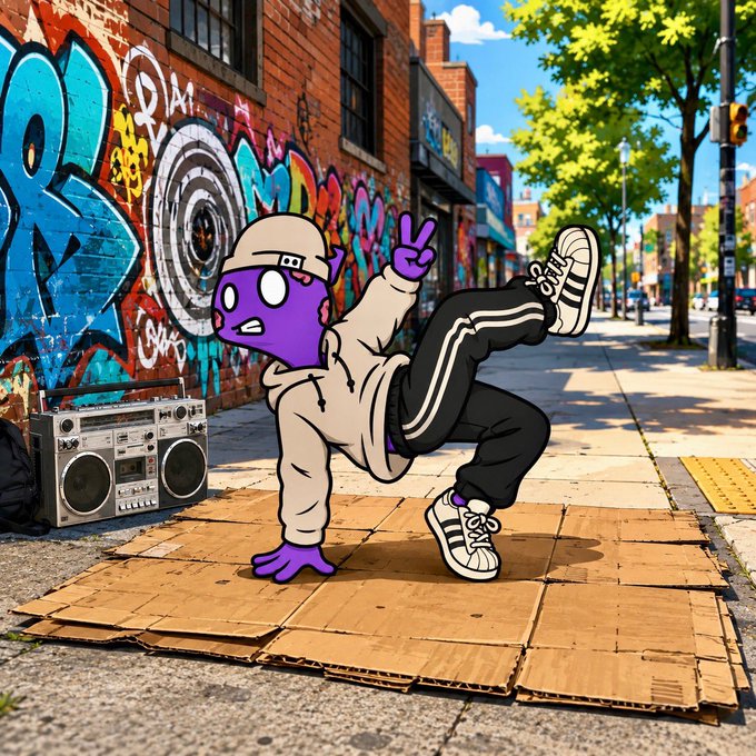 A cartoon-style purple character in a beige hoodie, beanie, and track pants breakdancing on cardboard laid over a sidewalk, with a graffiti-covered brick wall and boombox in the background.