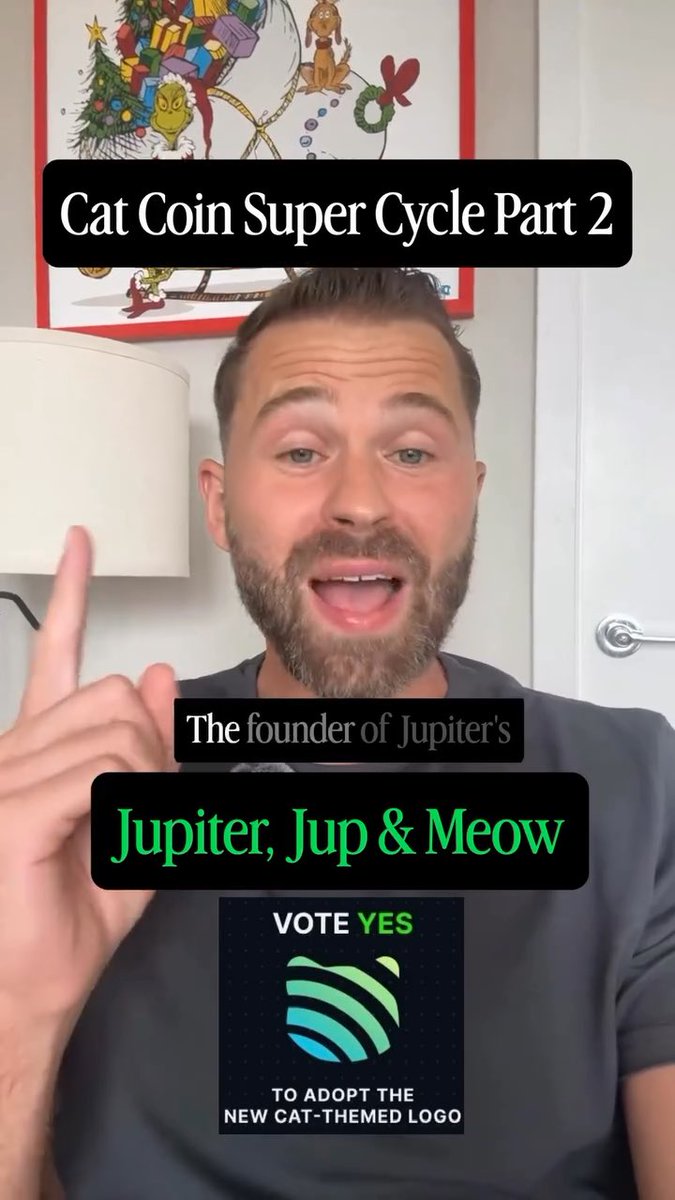 A man speaks to the camera promoting a "Cat Coin Super Cycle Part 2," referencing the Jupiter founder's "Jupiter, Jup & Meow" meme and a "VOTE YES" campaign to adopt a new cat-themed logo for Jupiter crypto. The image ties directly to the "cat coin supercycle" post by visually endorsing cat-themed crypto branding.