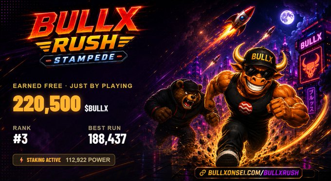 A vibrant promotional graphic for "BULLX RUSH STAMPEDE," showing a muscular bull mascot running alongside a bear, with stats showing 220,500 $BULLX earned free, rank #3, best run 188,437, and 112,922 power staking active, directing viewers to BULLXONSOI.COM/BULLXRUSH.