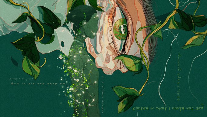 A surreal digital illustration shows a large eye with a green iris surrounded by leafy vines, with a ghostly, sparkled face dissolving into the foliage. Handwritten text reads "But it did not stop me" and "Still, I kept growing," along with "the sound of my silence" and "Resonance" — connecting to the featured artworks "The Sound of My Silence" by Hedin and "Resonance" by Fereshteh Farmahini, whose Twitter handles appear in the post.