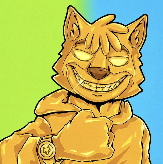 A cartoon illustration of a golden-furred canine character with a wide, toothy grin and glowing white eyes, wearing a hooded garment and a watch, set against a green and blue gradient background.