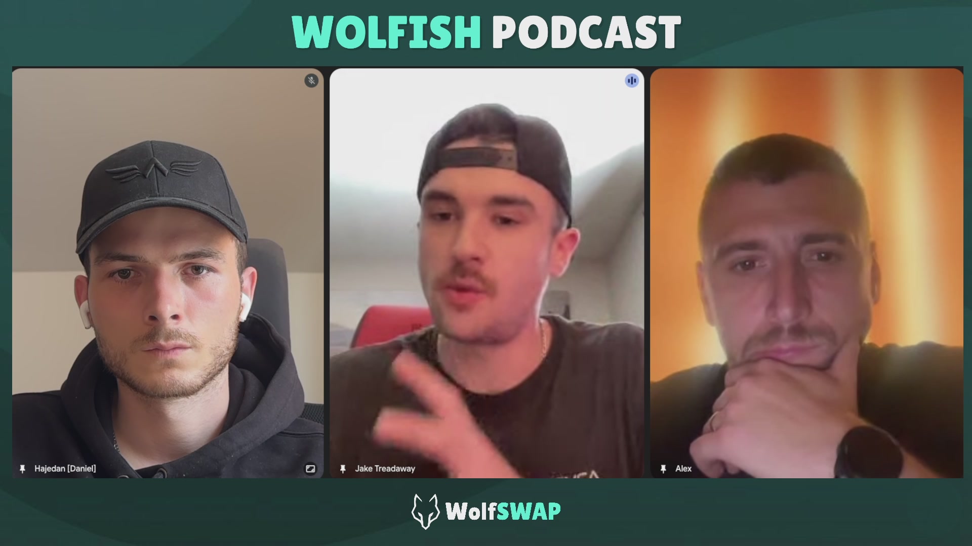 The image shows three men wearing baseball caps sitting next to each other with their faces displayed on a computer screen. The background features a green color, which could be interpreted as a logo or a design element related to the podcast or the company hosting the video. The caption of the image reads "WE ARE LIVE! Join us in the Wolfish Podcast @zubic_eth , co-founder and CEO of @SpaceRidersXYZ, talking about role of culture and community in (not only) the NFTs".