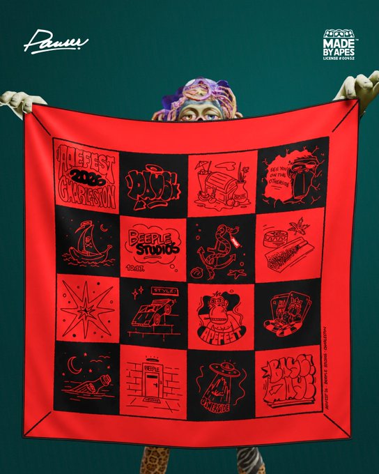 The image shows a character wearing a green ApEFest-themed scarf featuring pixelated graphics and logos, with a flaming character overlay. The post announces an ApEFest Scarf presale starting today at 8:00 PM CEST/2:00 PM ET at pauser.cz, limited to only 26 units.