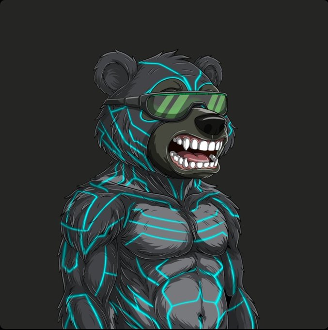 A digital illustration of a muscular anthropomorphic black bear wearing green visor sunglasses, with glowing cyan circuit-like lines across its body, grinning with bared teeth against a dark background.