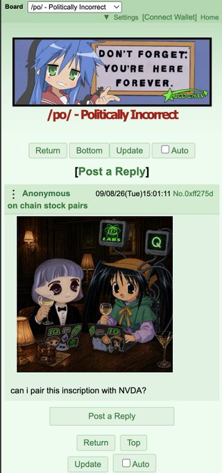 A screenshot of a /po/ forum thread featuring anime characters and a post asking, “can i pair this inscription with NVDA?”