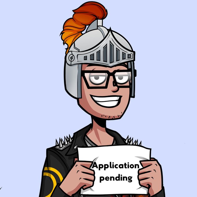 A cartoon illustration of a smiling character wearing a knight's helmet and glasses, holding a paper that reads 'Application pending'.