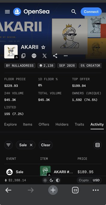 OpenSea NFT collection page for AKARII by NULLADDRESS, showing a floor price of $229.93, 24H volume of $45.3K, and 1,592 unique owners.