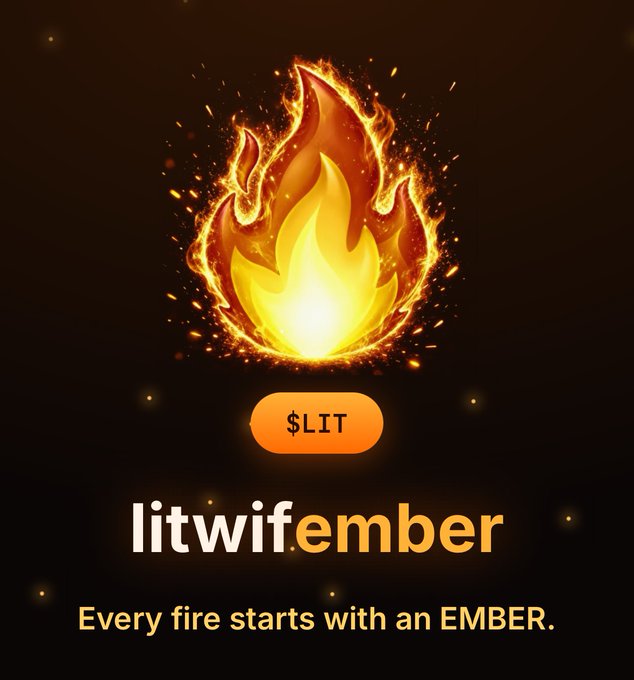 A glowing fiery ember floats above the ticker "$LIT" and the stylized logo "litwifember," with the tagline "Every fire starts with an EMBER" reinforcing the post's argument that $LIT's branding and narrative around $Ember give it strong meme-coin potential through Meteora's launchpad.