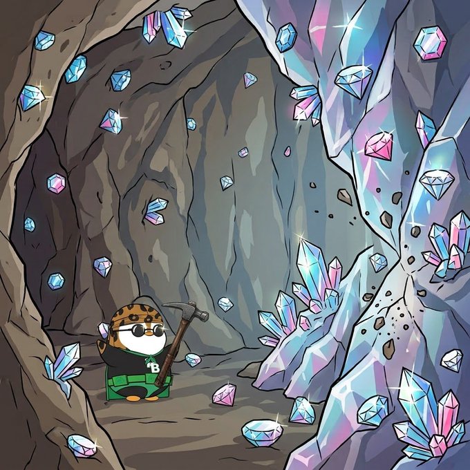 A cartoon miner character in a bandana and overalls holds a pickaxe inside a glittering crystal cave filled with colorful gems. The image evokes the thrill of discovering digital treasures, fitting the post's excitement about joining a newly launched crypto gaming project on CT.