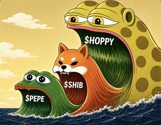 A cartoon illustration of three monstrous waves in the ocean labeled "$PEPE", "$SHIB", and "$HOPPY", depicting cryptocurrency tokens.