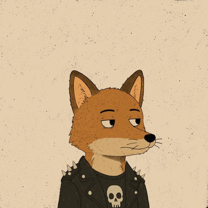 A cartoon fox with a tired, deadpan expression wears a spiked black leather jacket over a shirt featuring a white skull, embodying the punk-rock "degen" aesthetic. The grungy, worn-style illustration complements the post's theme of embracing an unconventional, edgy crypto lifestyle tied to the @UnusualNFTs brand.