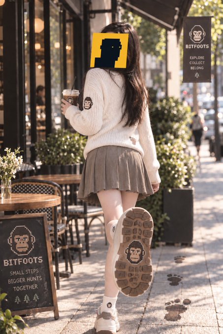 A young woman walks past a "BITFOOTS" clothing boutique on a city sidewalk, wearing a white sweater with a monkey logo, a pleated skirt, and distinctive boots with tread soles and a monkey emblem.