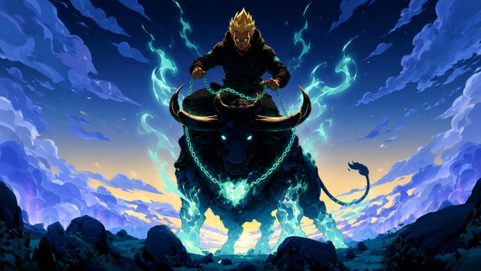 A powerful, dark-haired warrior with glowing yellow eyes rides atop a massive blue-flamed bull surrounded by chained spectral energy, embodying the raw, untamed spirit of a market legend carved out in the trenches, perfectly capturing the bold energy behind $ANSEM.