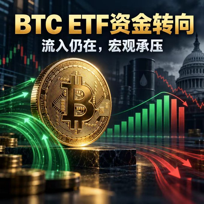 A promotional graphic featuring a large gold Bitcoin coin set against a backdrop of financial chart bars, green upward and red downward arrows, oil barrels, and the U.S. Capitol building, with the headline "BTC ETF资金转向" and subtitle "流入仍在，宏观承压."

The image visually reinforces the post's message about diverging ETF flows and macro pressure, using the gold Bitcoin and U.S. Capitol to symbolize institutional crypto investment, while the red downward arrows and oil barrels represent the macroeconomic headwinds weighing on BTC price despite continued ETF inflows.