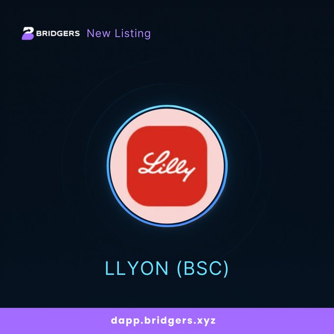 A promotional graphic from Bridgers announcing a new listing for 'LLYON (BSC)' token, featuring a red rounded-square app icon with 'Lilly' written in white cursive script.